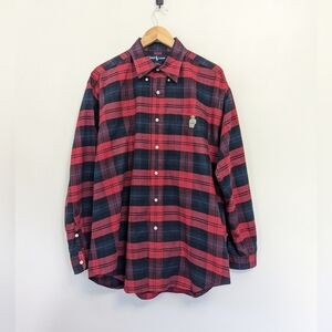 Vintage Ralph Lauren Polo Bear Plaid Button-up Shirt Blake Men L Red Blue